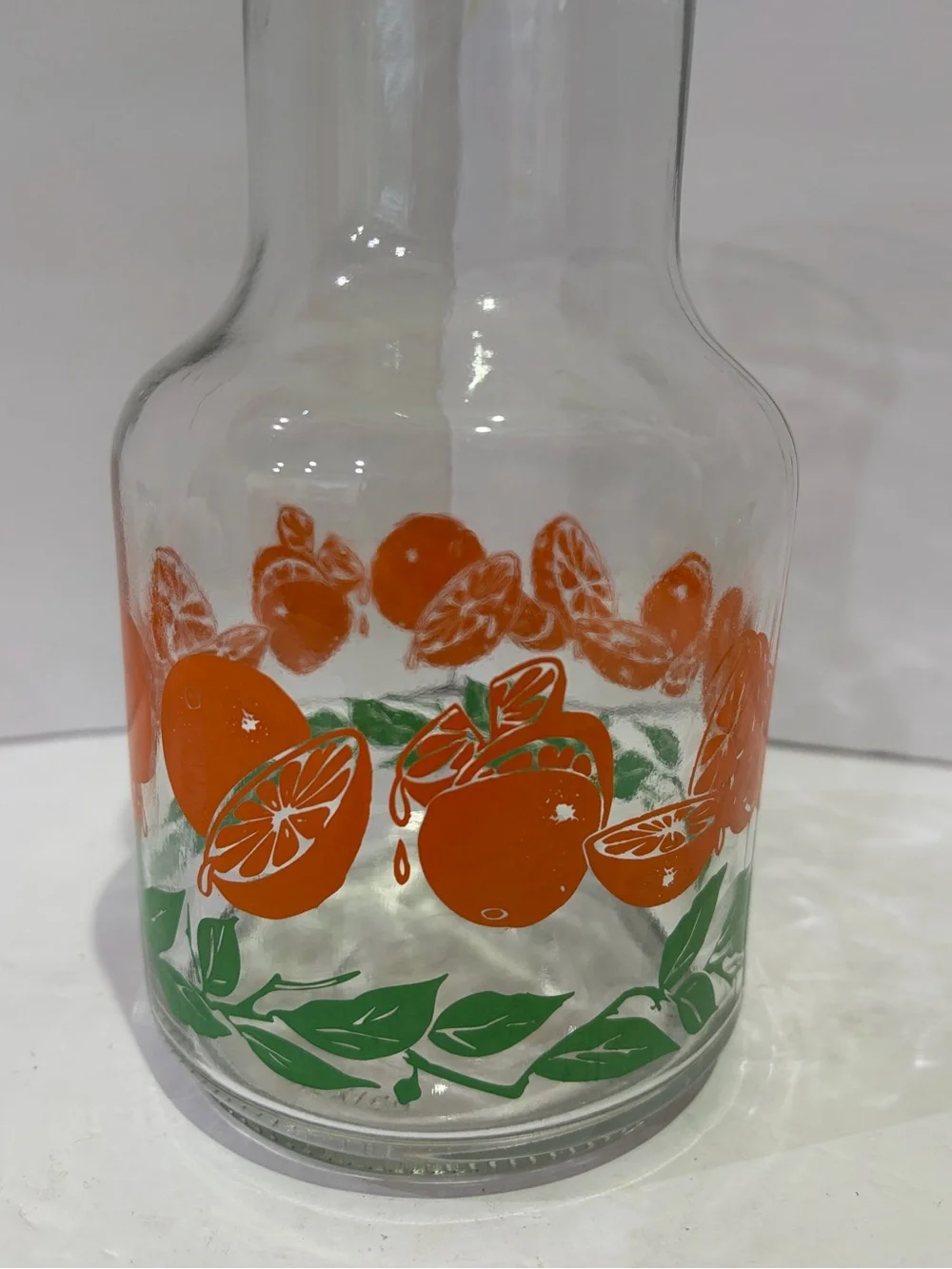 Vintage Libbey Glass Carafe and Tumbler Set Orange and Green Leaf Motif
